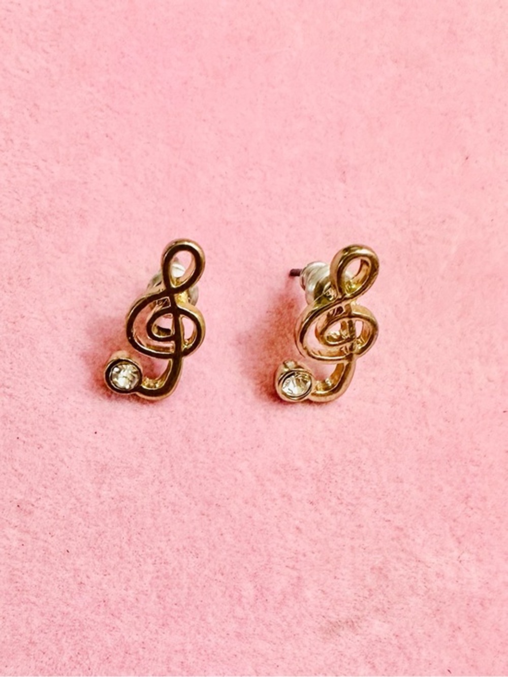 Music Note Stud Earrings Gold Tone Rhinestone Treble Clef Earrings